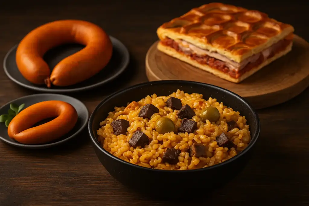 Comida típica de Salamanca: chanfaina, hornazo y farinato sobre mesa rústica