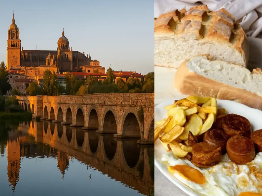 Comida típica de Salamanca con farinato y huevos fritos junto al Puente Romano al atardecer