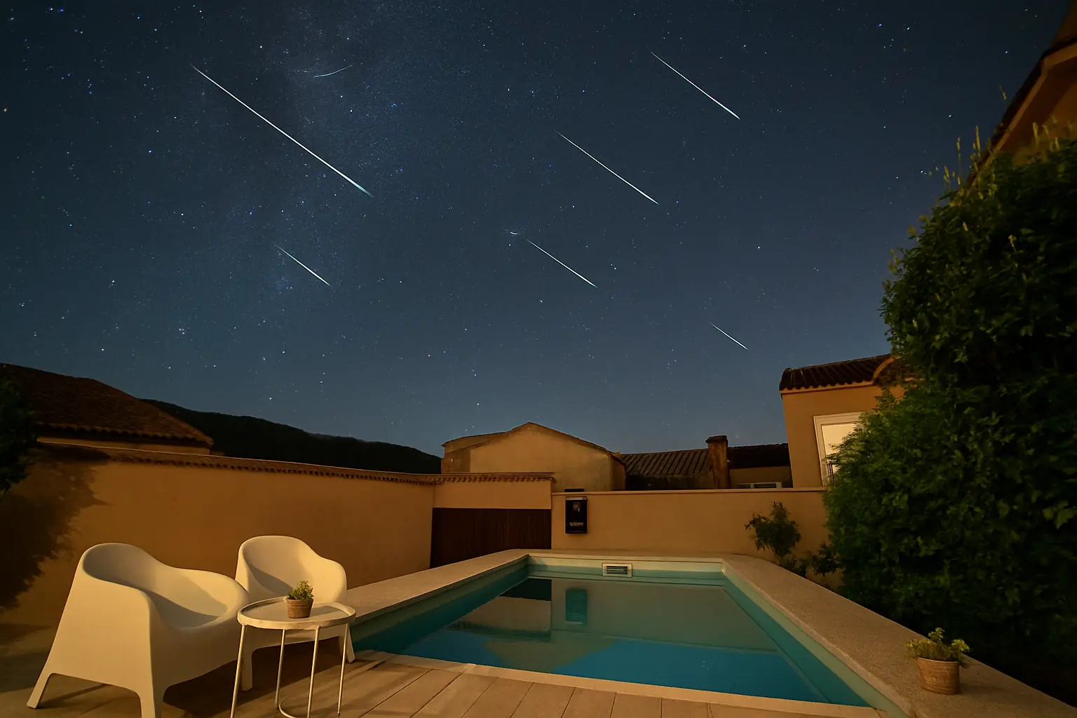 Piscina iluminada con lluvia de estrellas sobre cielo nocturno en Salamanca