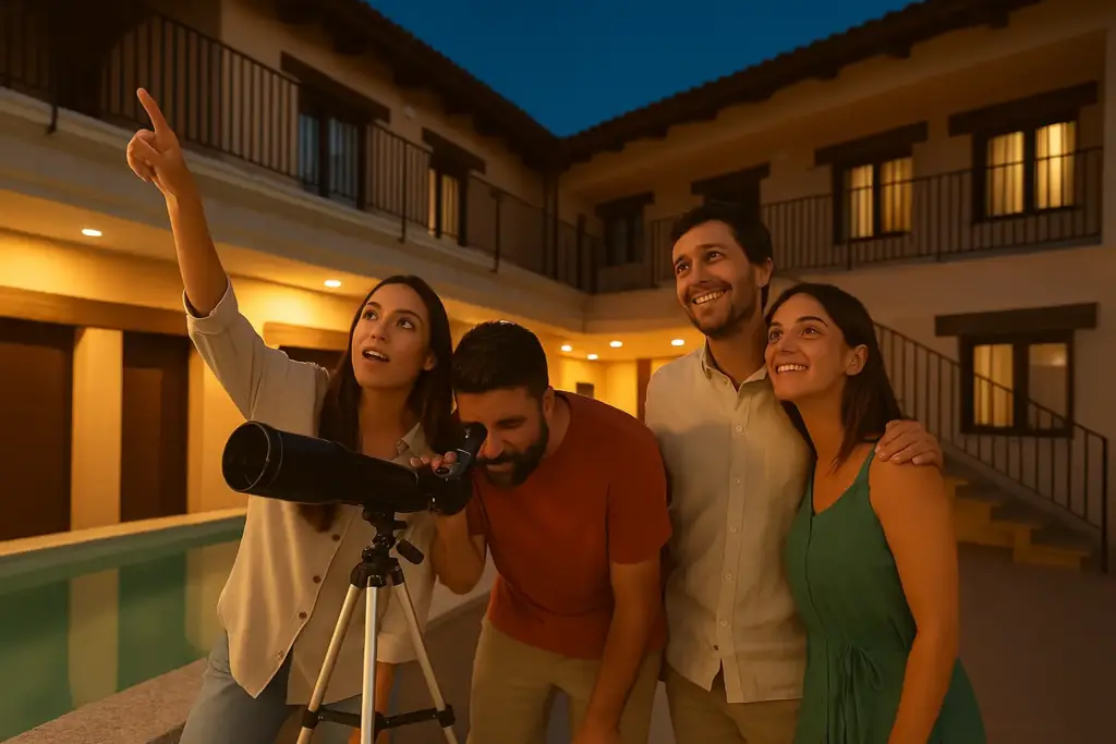 Grupo de amigos viendo la lluvia de estrellas 2025 en una casa rural de Salamanca