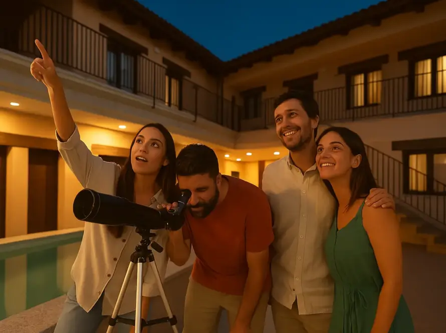 Grupo de amigos viendo la lluvia de estrellas 2025 en una casa rural de Salamanca