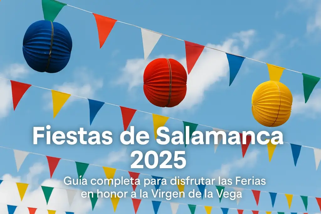 Decoración festiva con farolillos y banderines en el cielo azul durante las Fiestas de Salamanca 2025