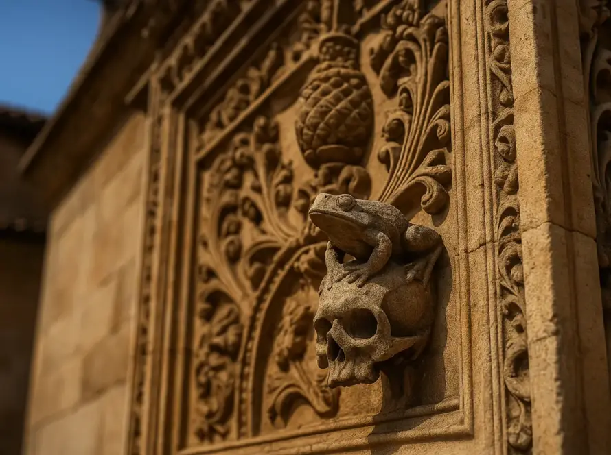rana de Salamanca esculpida en la fachada plateresca de la Universidad