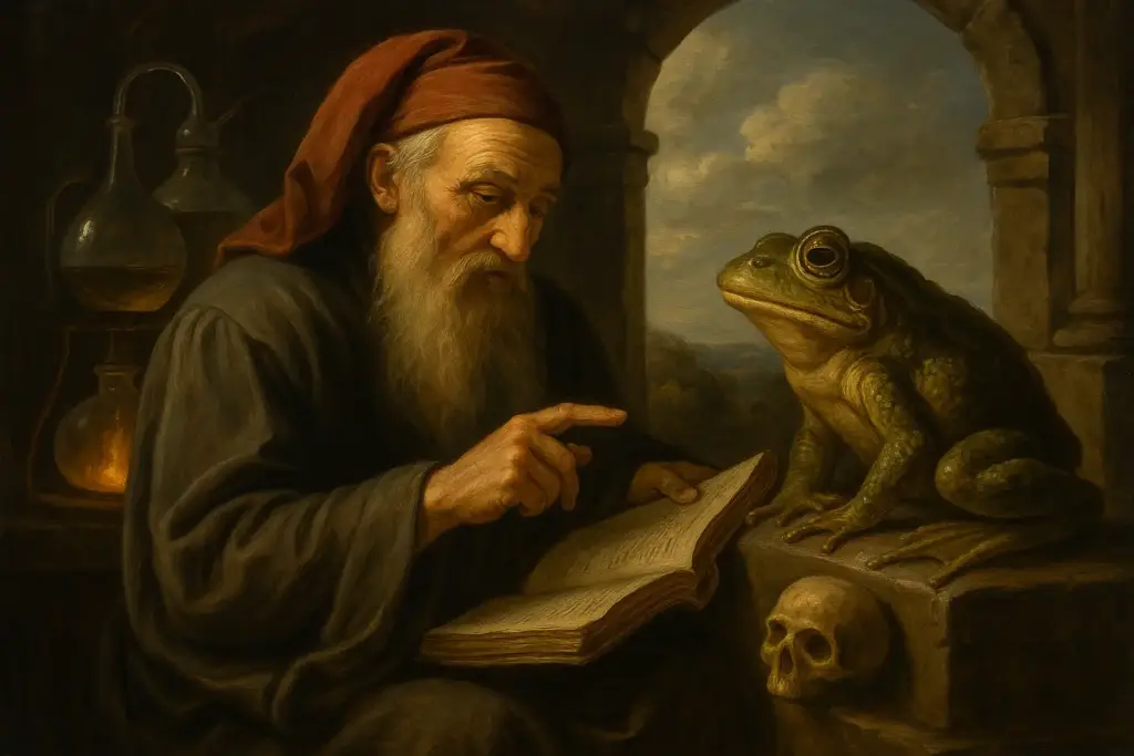 Ilustración de la leyenda de la rana de Salamanca y el estudiante con el demonio
