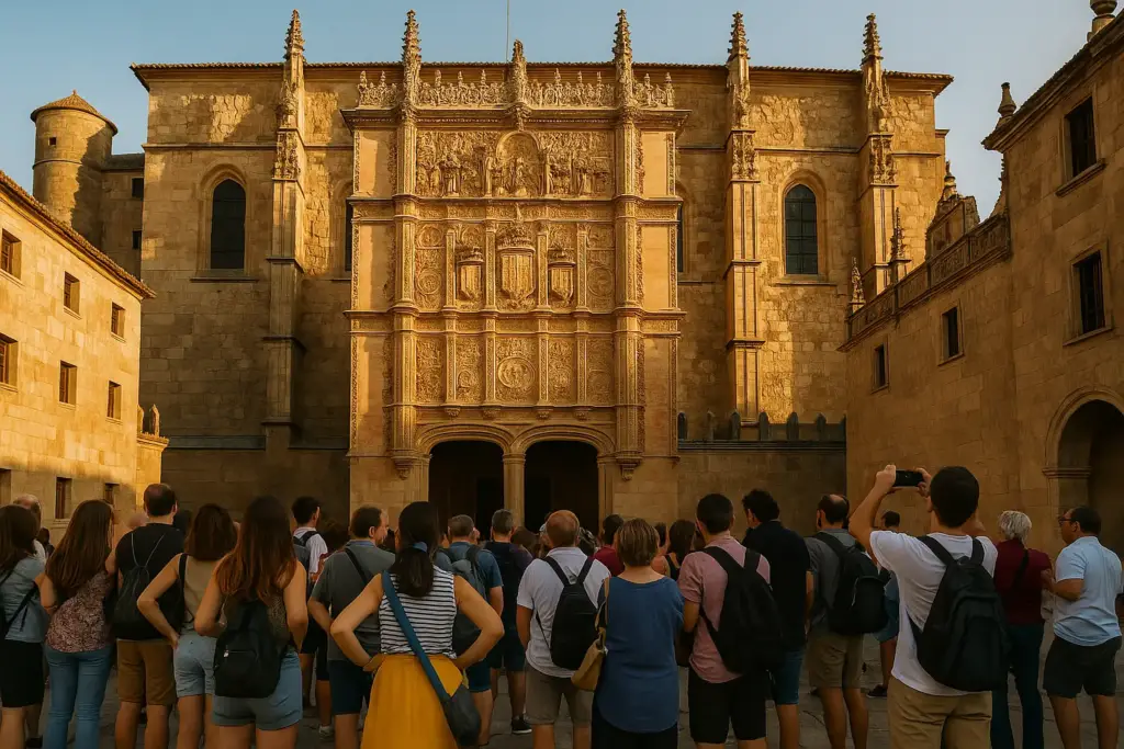 Grupo de turistas frente a la fachada de la Universidad de Salamanca buscando la rana.