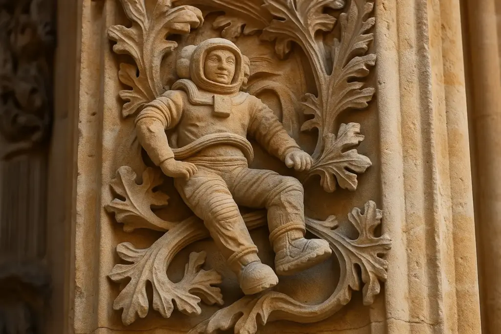 Escultura del astronauta en la Catedral de Salamanca tallada en piedra con detalle.