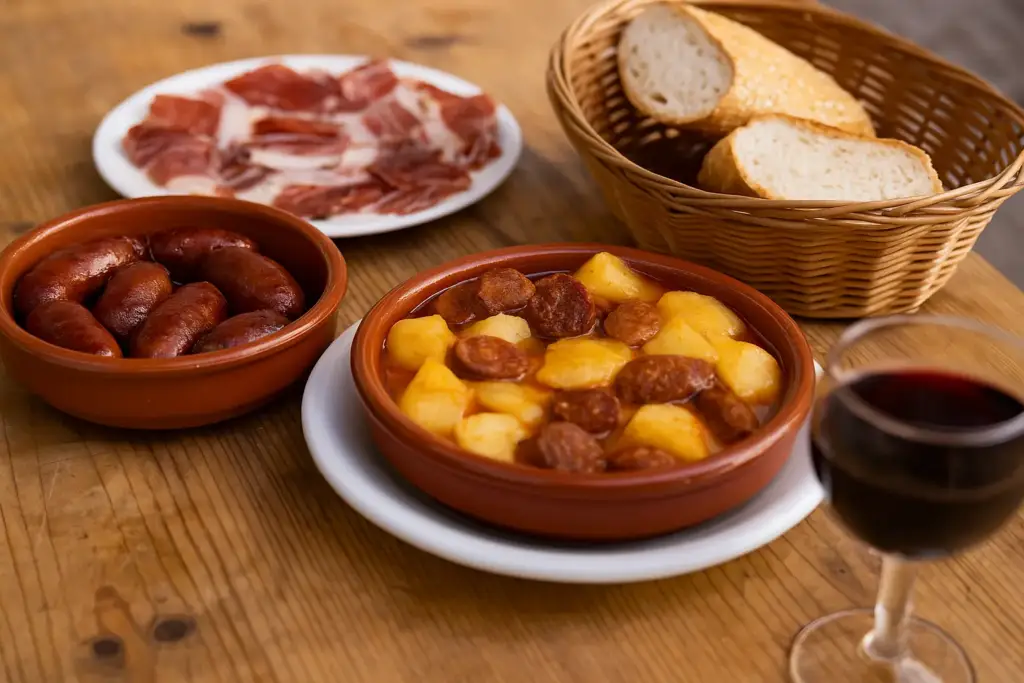 Comida típica de los pueblos cerca de Salamanca: chorizo, jamón ibérico y vino