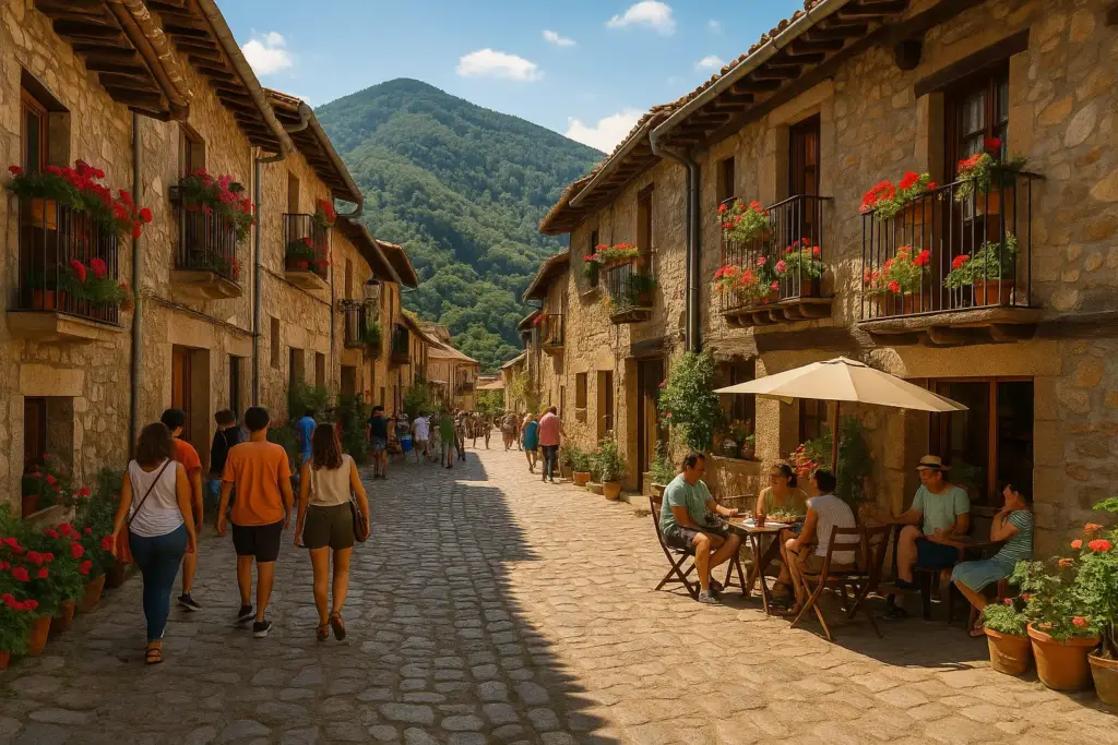 Plaza de un pueblo bonito cerca de Salamanca con ambiente local y encanto rural