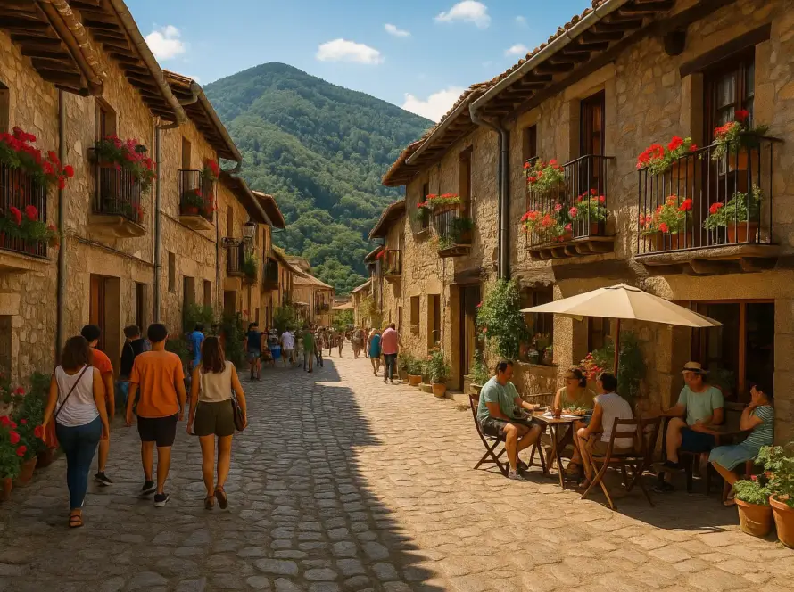 Plaza de un pueblo bonito cerca de Salamanca con ambiente local y encanto rural