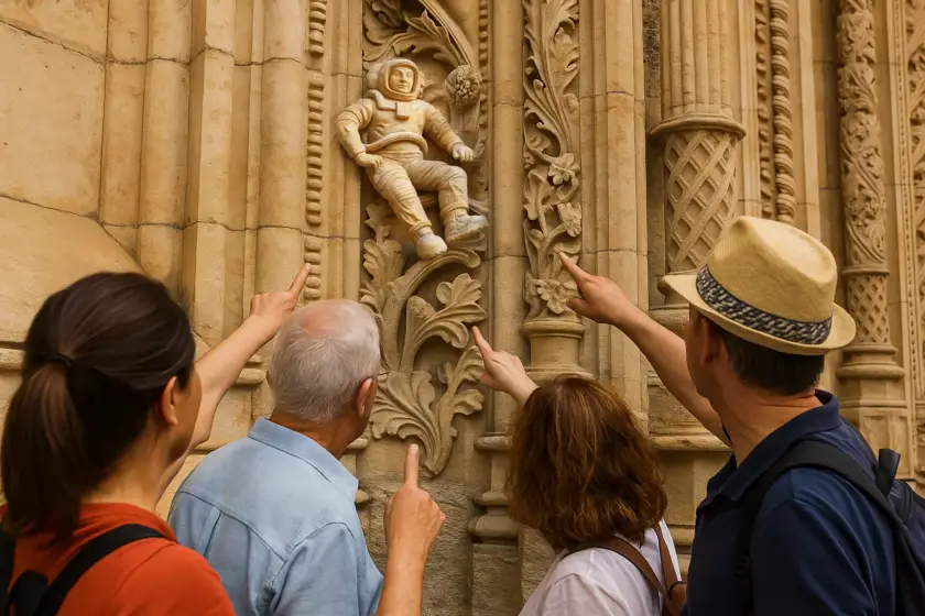 Turistas buscando el astronauta en la fachada de la Catedral de Salamanca