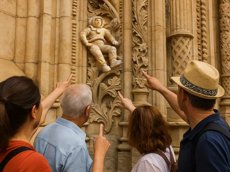 Turistas buscando el astronauta en la fachada de la Catedral de Salamanca