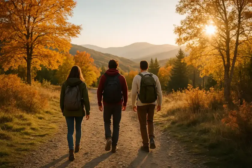 Grupo de amigos haciendo senderismo durante una escapada rural cerca de Salamanca