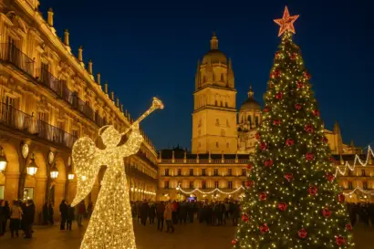 Plaza Mayor de Salamanca en Navidad con árbol iluminado y figuras navideñas