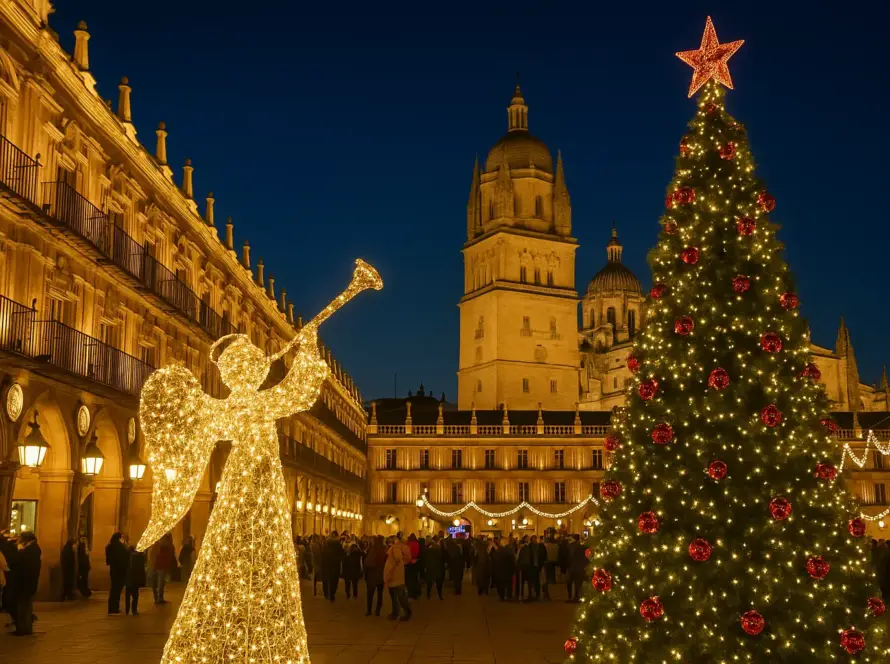 Plaza Mayor de Salamanca en Navidad con árbol iluminado y figuras navideñas