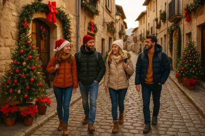 Amigos caminando por un entorno rural decorado por Navidad