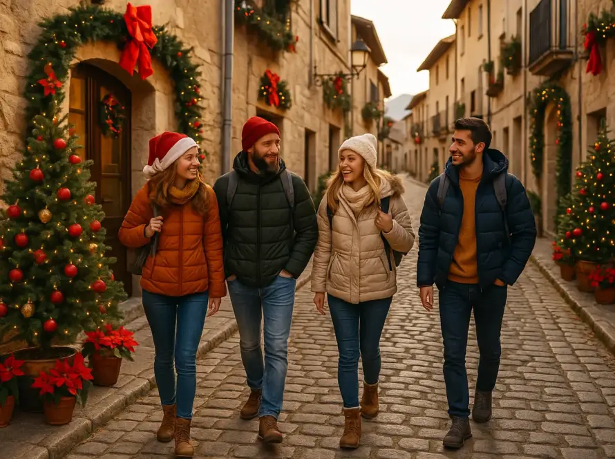 Amigos caminando por un entorno rural decorado por Navidad