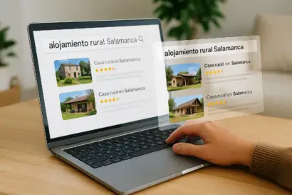 Persona buscando alojamiento rural en Salamanca desde su portátil con resultados proyectados en pantalla