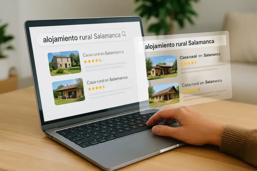 Persona buscando alojamiento rural en Salamanca desde su portátil con resultados proyectados en pantalla