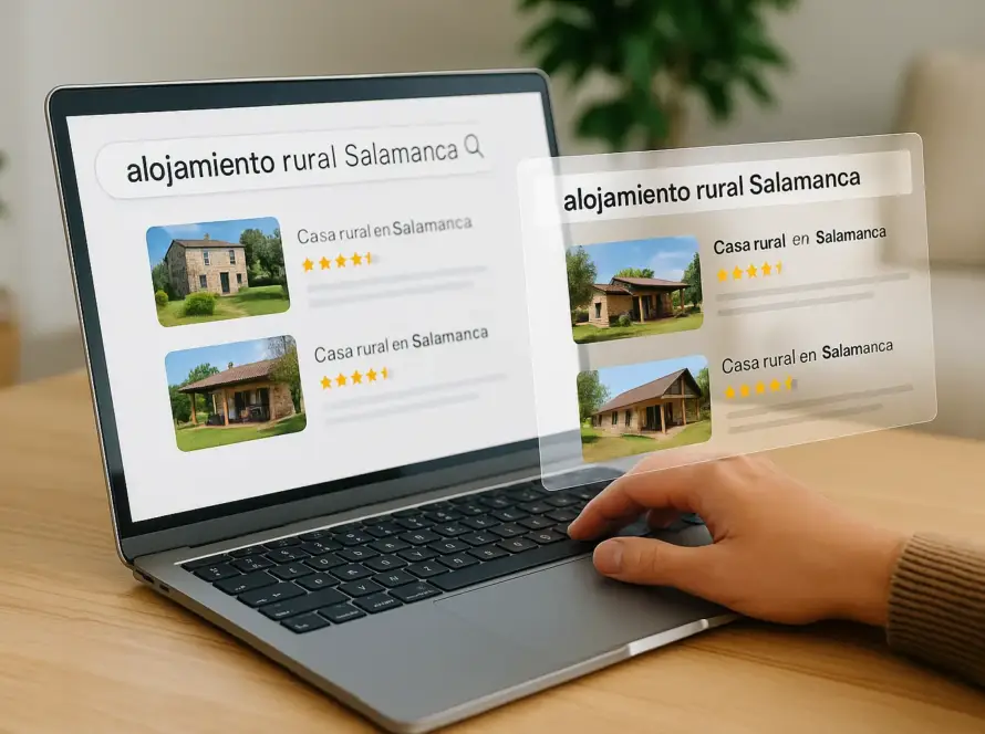 Persona buscando alojamiento rural en Salamanca desde su portátil con resultados proyectados en pantalla