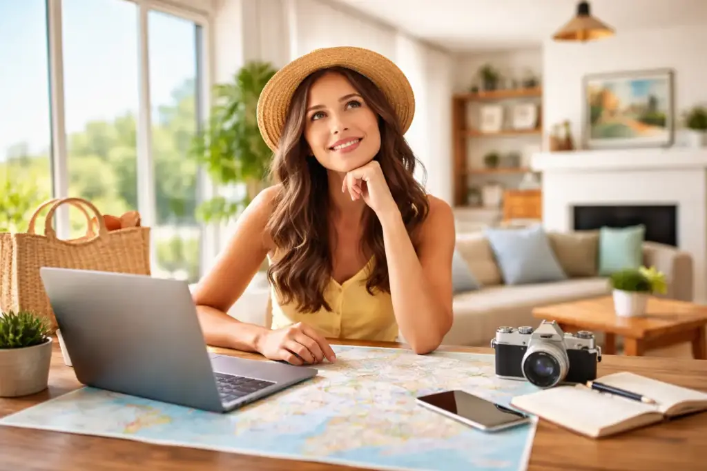 Persona planificando un alquiler vacacional desde casa con portátil, mapa y guía de viaje