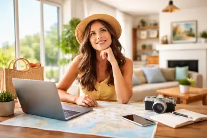 Persona planificando un alquiler vacacional desde casa con portátil, mapa y guía de viaje