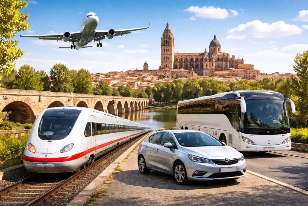 Cómo llegar a Salamanca en coche, tren, autobús o avión con la catedral al fondo