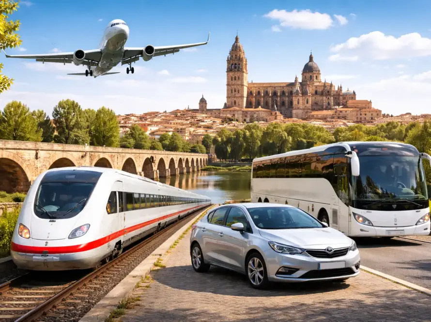 Cómo llegar a Salamanca en coche, tren, autobús o avión con la catedral al fondo