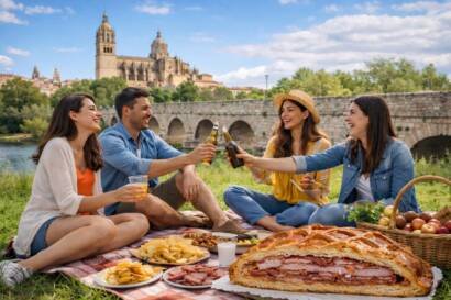 Personas celebrando el Lunes de Aguas en Salamanca con hornazo en un picnic junto al río Tormes y la Catedral al fondo