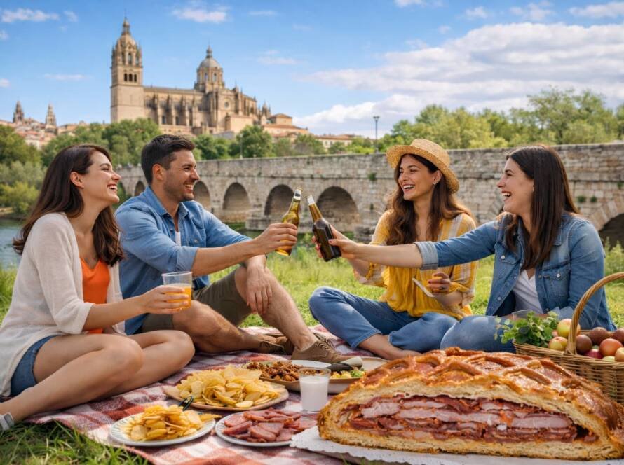 Personas celebrando el Lunes de Aguas en Salamanca con hornazo en un picnic junto al río Tormes y la Catedral al fondo