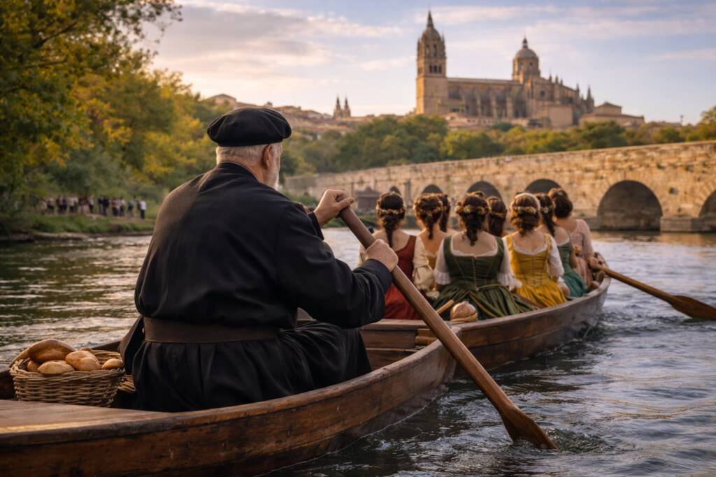 Recreación del origen del Lunes de Aguas en Salamanca con el "padre putas" remando una barca con mujeres cruzando el río Tormes hacia la ciudad