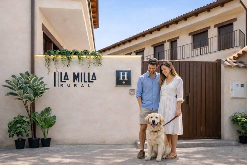 Pareja con perro en la entrada de una casa rural con mascotas en Salamanca, La Milla Rural