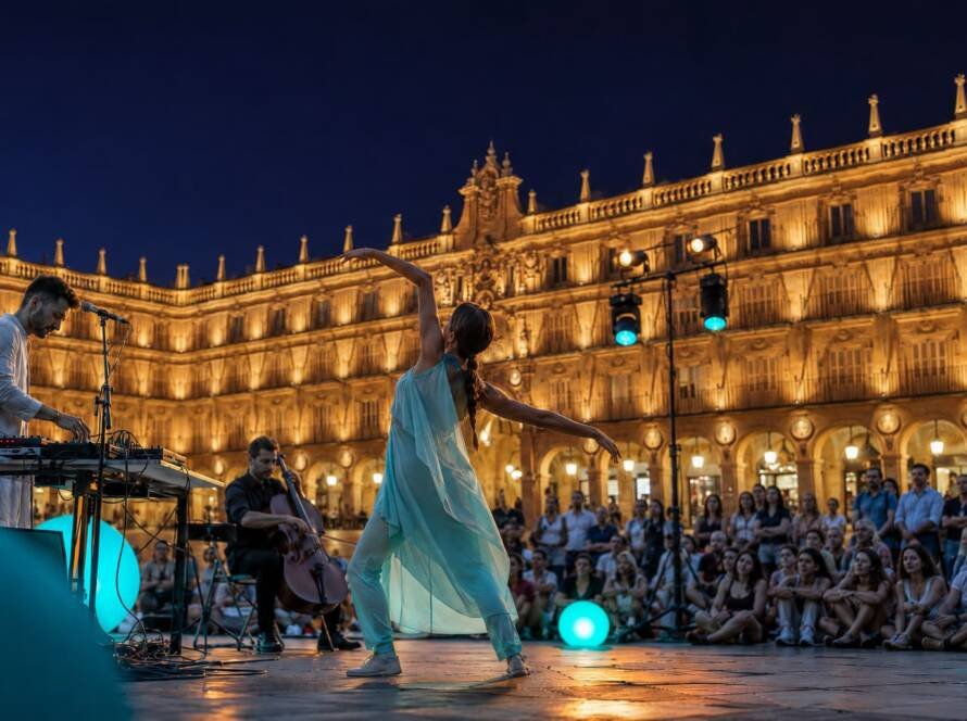 Espectáculo de danza y música del FACyL 2026 en la Plaza Mayor de Salamanca iluminada de noche